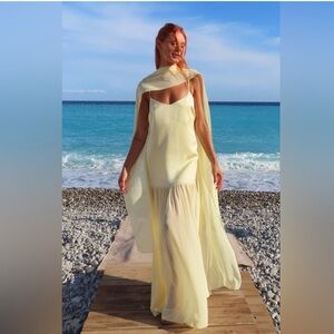 NEW Show Me Your Mumu Dalia Dress In Pale Yellow Luxe Satin Chiffon Drop Hem